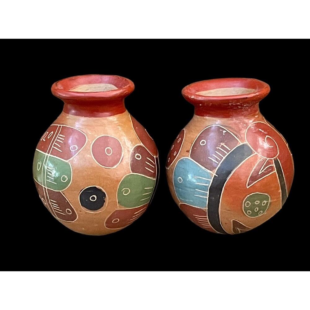 Two Vintage Polychrome Pottery Pot Vases Central America Mexico Hand Thrown